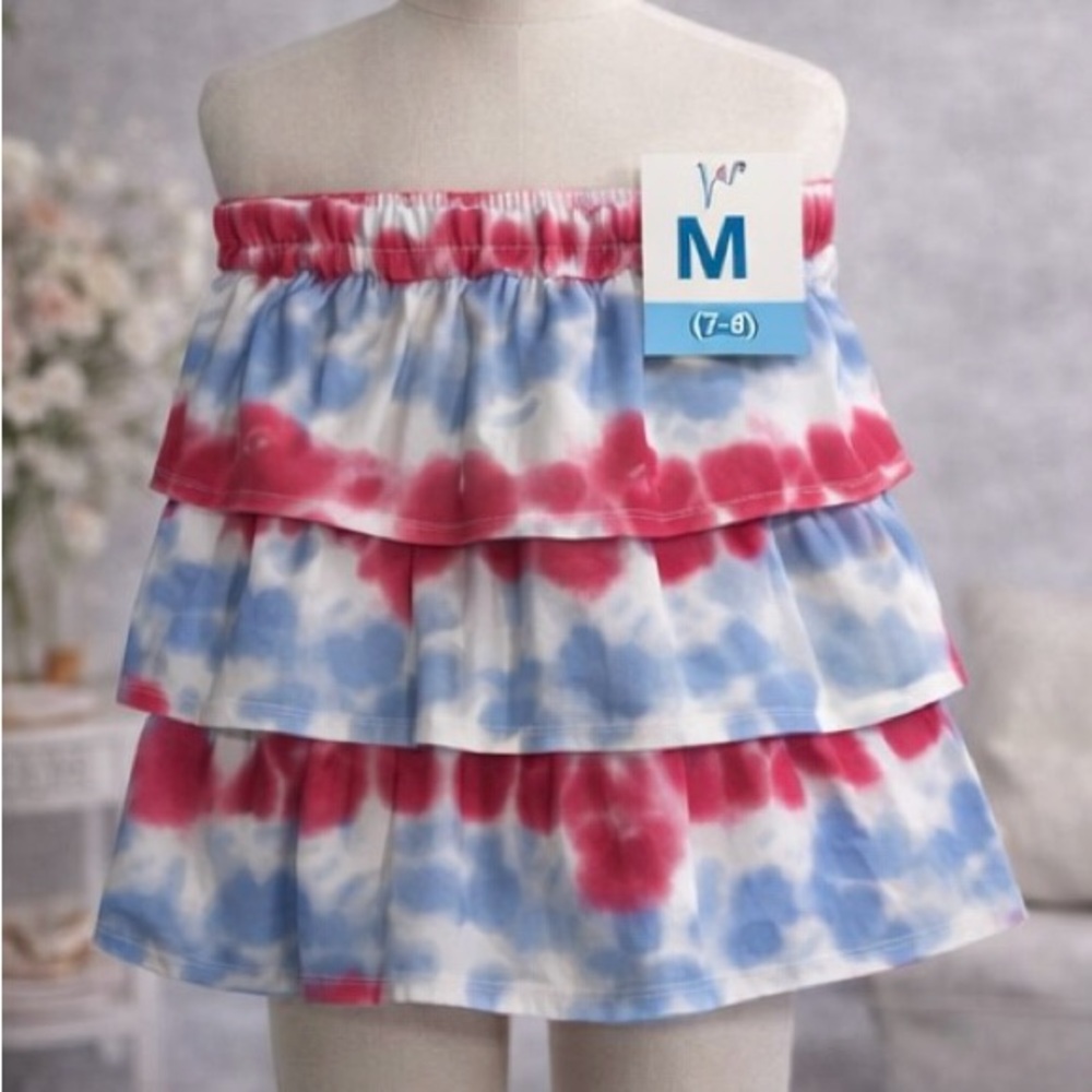 Girls Patriotic Red White and Blue Tie Dye Tiered Ruffle Skirt